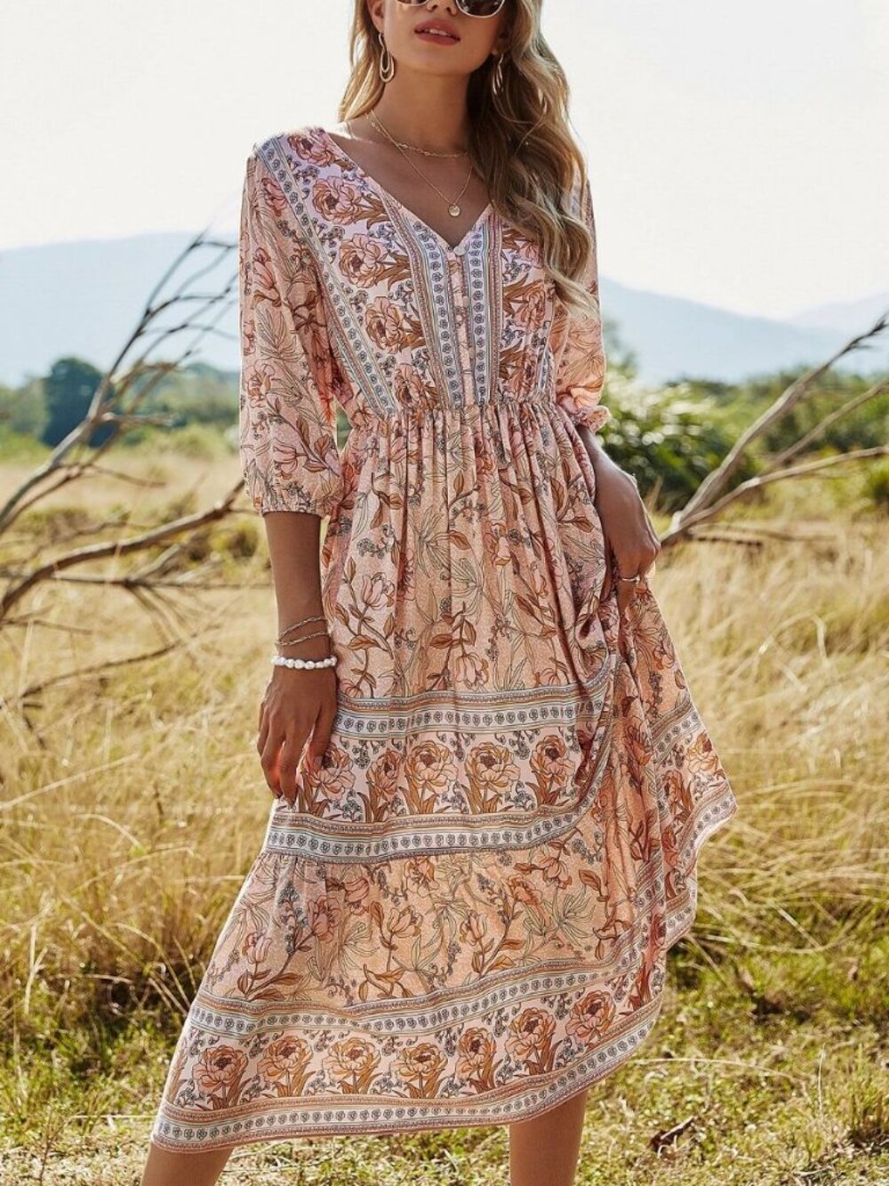 3/4 Sleeve Boho Floral Gypsy Print Midi Dress